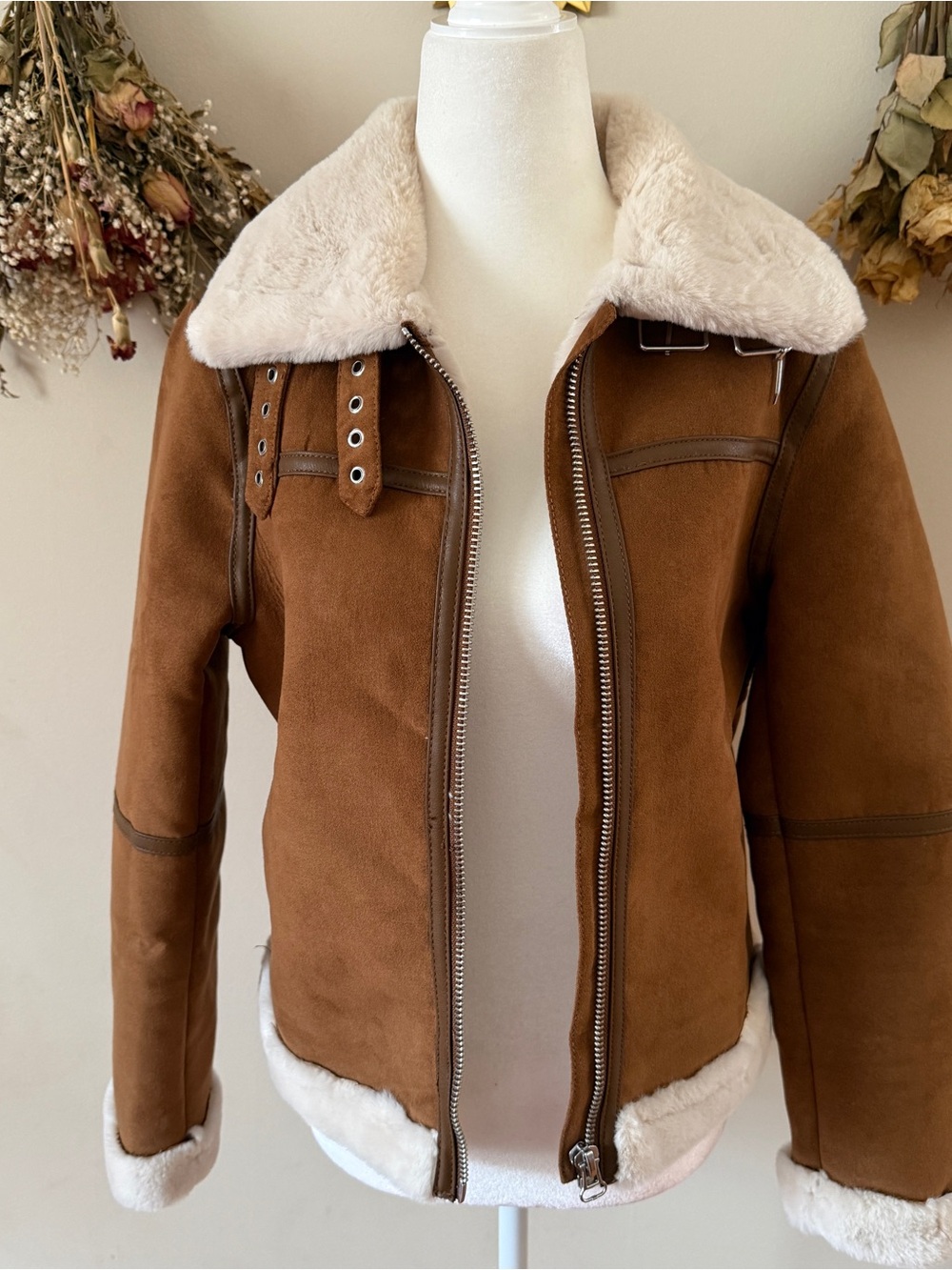 H&M Brown and Cream Faux-Suede Bomber Jacket